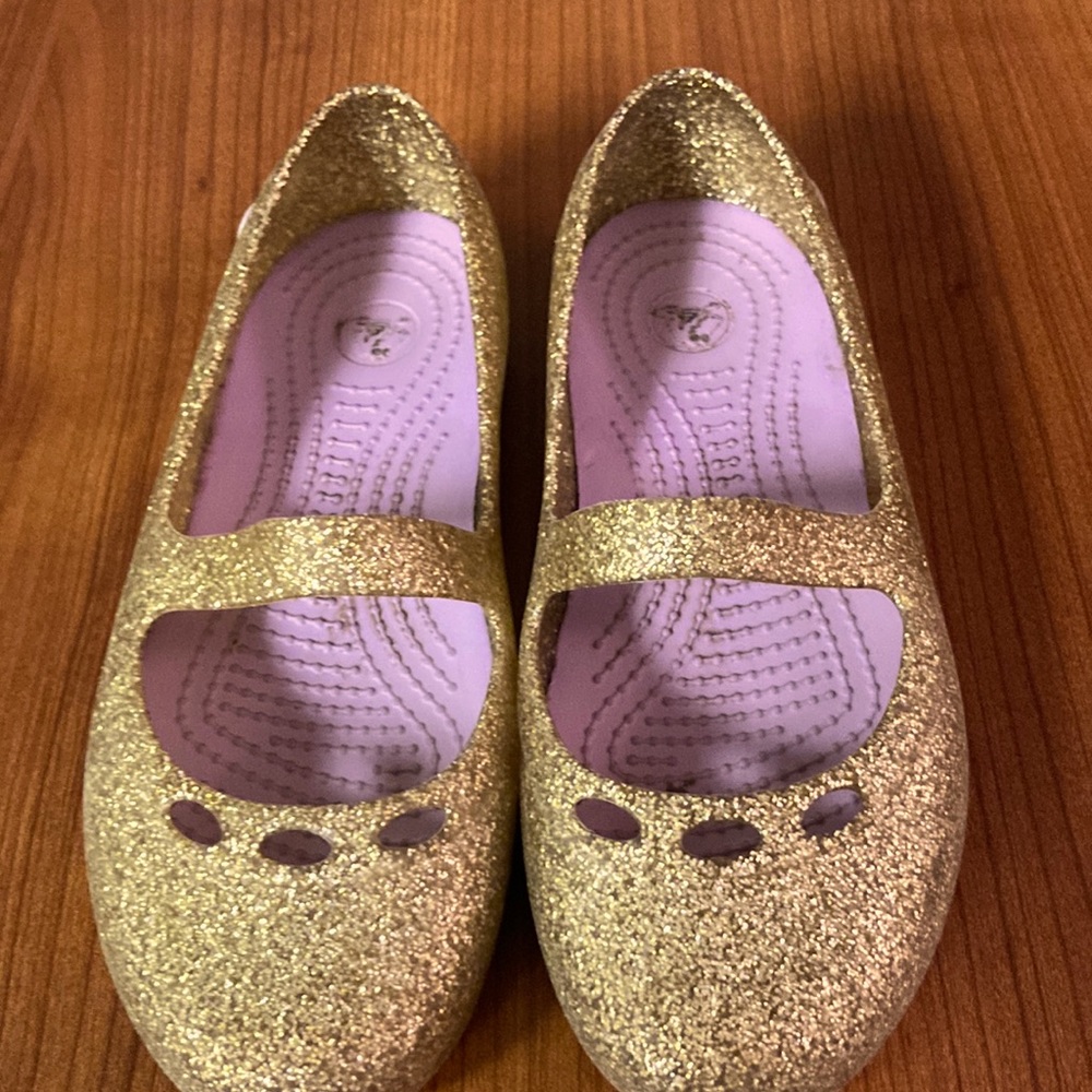 Gold sparkly Crocs